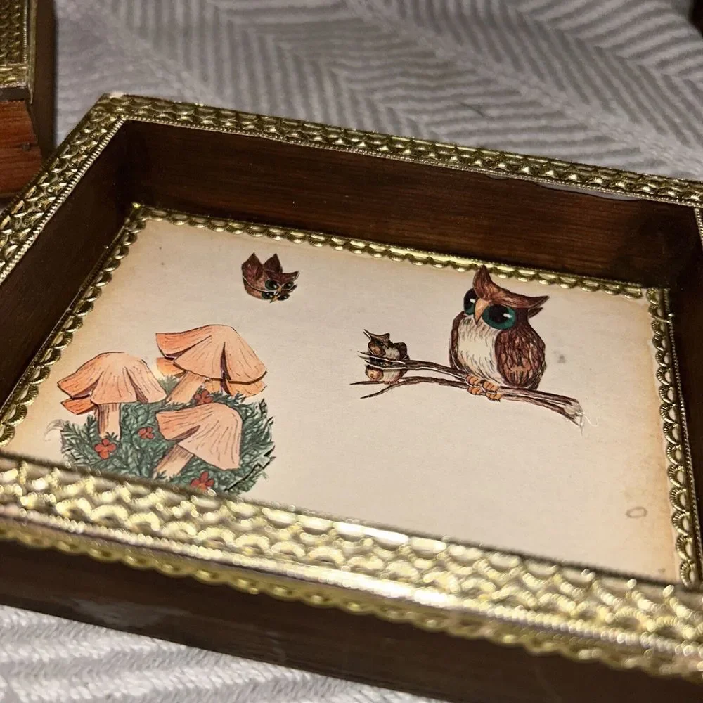 MCM Shadowbox Set With Owls, Mushrooms, Puppies Small Wooden Frames W/ Popups A3